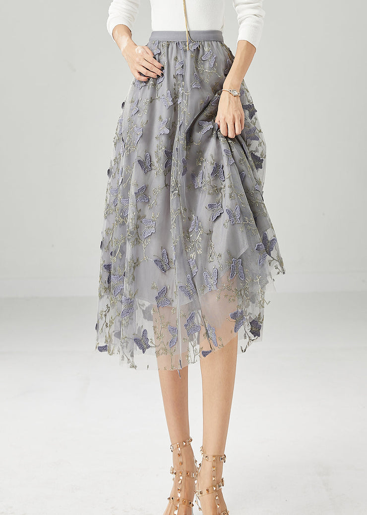 Simple Grey Embroidered Butterfly Tulle Skirt Fall