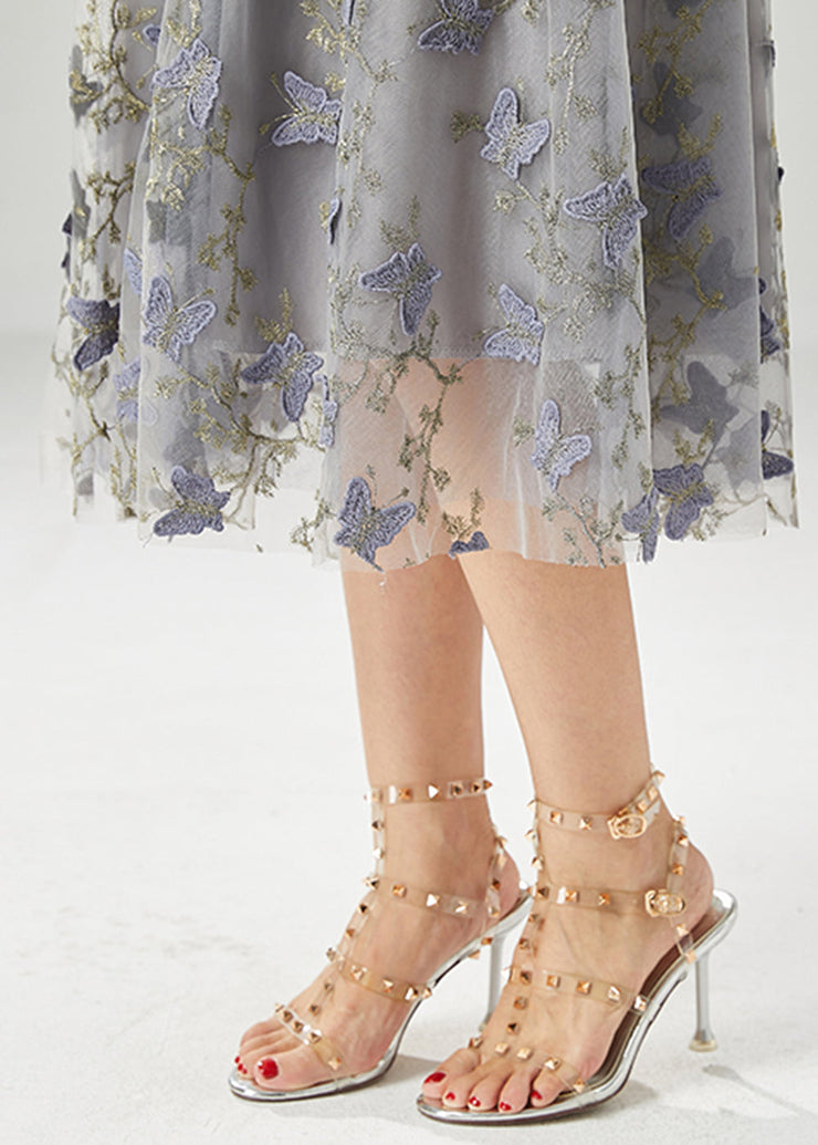 Simple Grey Embroidered Butterfly Tulle Skirt Fall