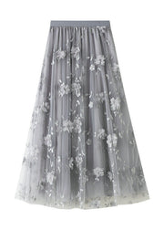 Simple Grey Embroideried Floral Elastic Waist Tulle A Line Skirts Spring