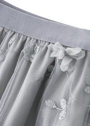 Simple Grey Embroideried Floral Elastic Waist Tulle A Line Skirts Spring