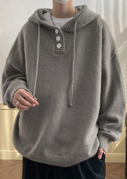 Simple Grey Hooded Button Solid Knit Men Sweaters Winter