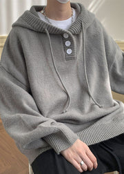 Simple Grey Hooded Button Solid Knit Men Sweaters Winter