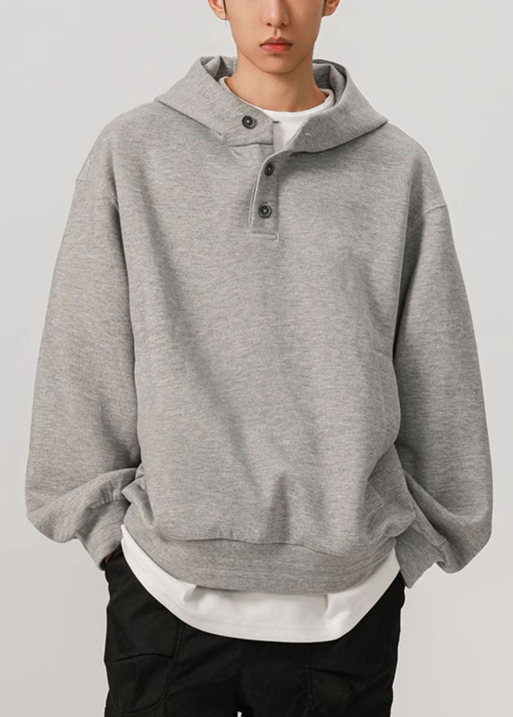 Simple Grey Hooded Pockets Cotton Mens Sweatshirts Spring