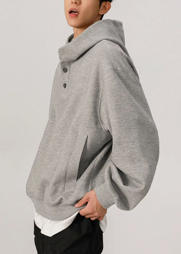 Simple Grey Hooded Pockets Cotton Mens Sweatshirts Spring