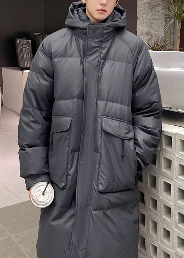 Simple Grey Hooded Pockets Duck Down Men Coats Winter