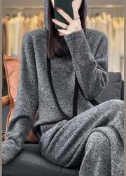 Simple Grey Hooded Pockets Woolen Two-Piece Set Winter