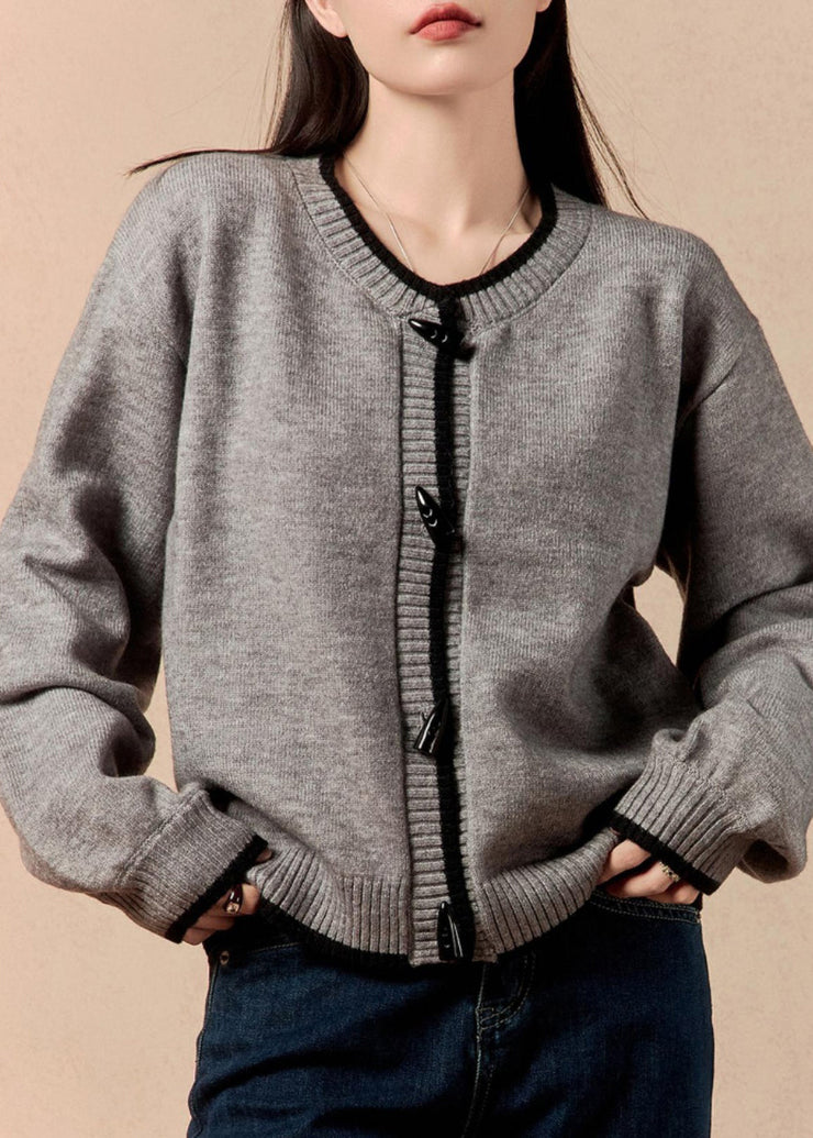 Simple Grey O Neck Button Cozy Knit Coats Winter