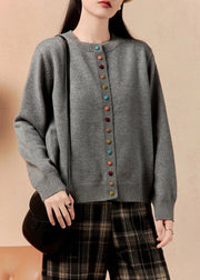 Simple Grey O Neck Button Cozy Knit Sweater Winter