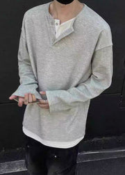 Simple Grey O Neck Button Patchwork Cotton Mens T Shirts Spring