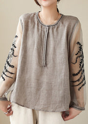 Simple Grey O-Neck Embroideried Linen Top Spring