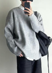 Simple Grey O Neck Hole Solid Knit Men Sweaters Spring