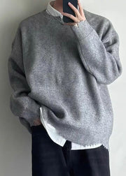 Simple Grey O Neck Hole Solid Knit Men Sweaters Spring