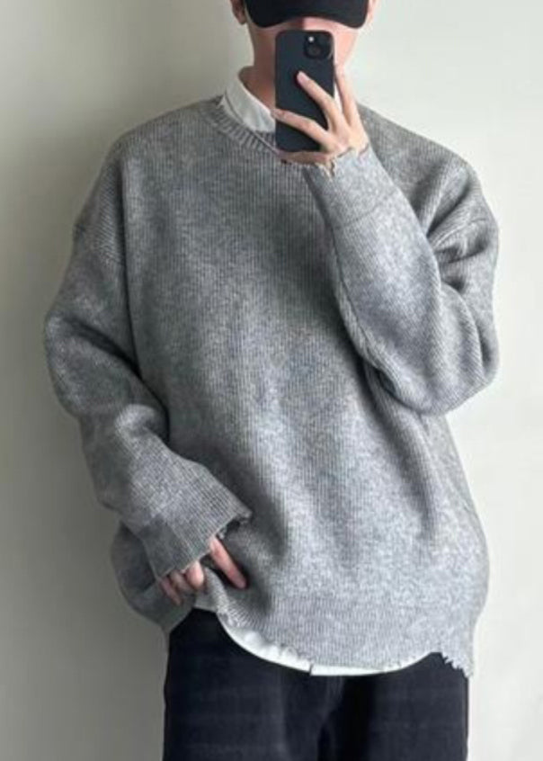 Simple Grey O Neck Hole Solid Knit Men Sweaters Spring