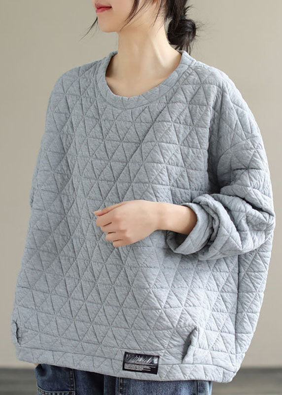 Simple Grey O-Neck Patchwork Fleece Sweatshirts Long Sleeve