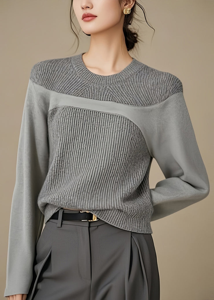 Simple Grey O Neck Patchwork Knit Top Winter