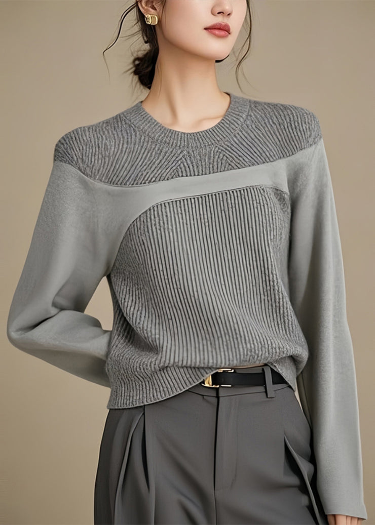 Simple Grey O Neck Patchwork Knit Top Winter