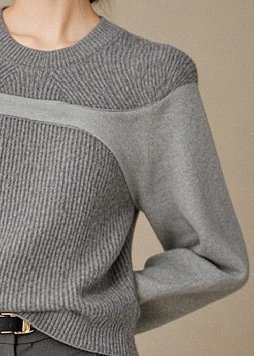 Simple Grey O Neck Patchwork Knit Top Winter