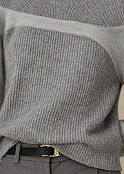 Simple Grey O Neck Patchwork Knit Top Winter