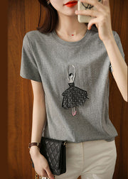 Simple Grey O Neck Print Patchwork Cotton Top Short Sleeve