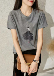 Simple Grey O Neck Print Patchwork Cotton Top Short Sleeve