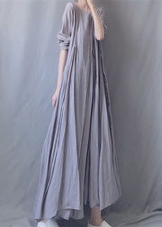 Simple Grey O Neck Wrinkled Patchwork Cotton Long Dresses Fall