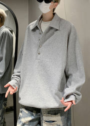 Simple Grey Peter Pan Collar Button Cotton Mens Sweatshirts Spring