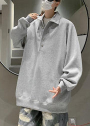 Simple Grey Peter Pan Collar Button Cotton Mens Sweatshirts Spring