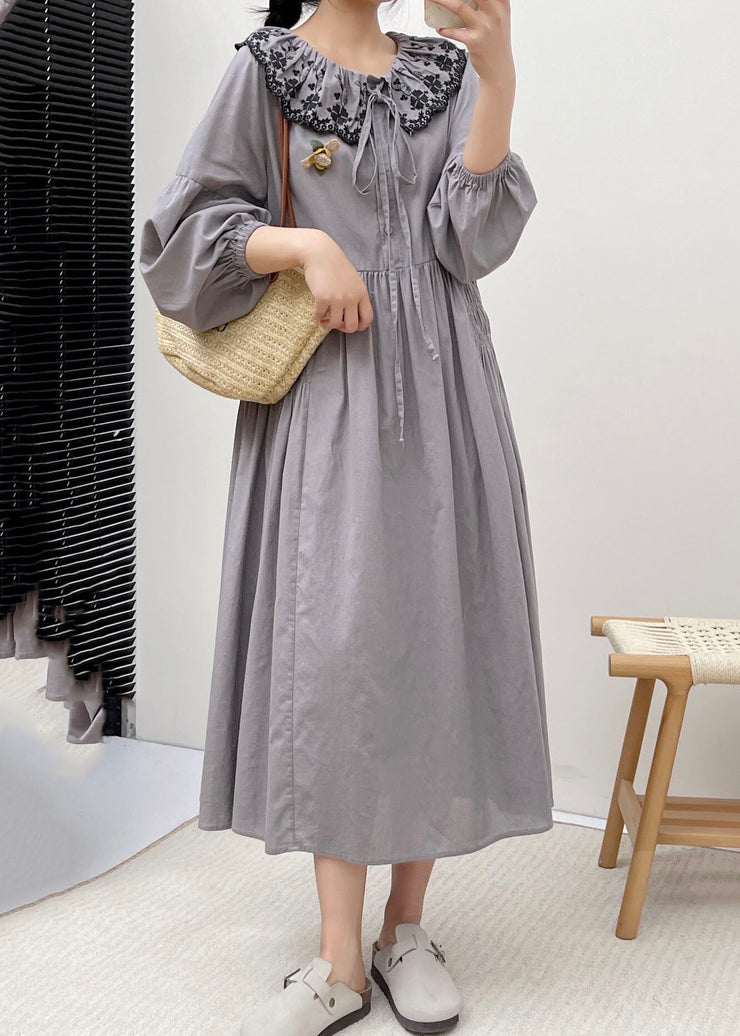 Simple Grey Peter Pan Collar Patchwork Wrinkled Vacation Long Dresses Long Sleeve
