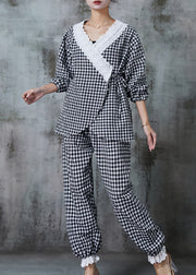 Simple Grey Plaid Lace Up Cotton Two Piece Suit Set Spring