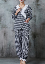 Simple Grey Plaid Lace Up Cotton Two Piece Suit Set Spring