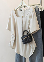 Simple Grey Square Collar Asymmetrical Patchwork Top Short Sleeve