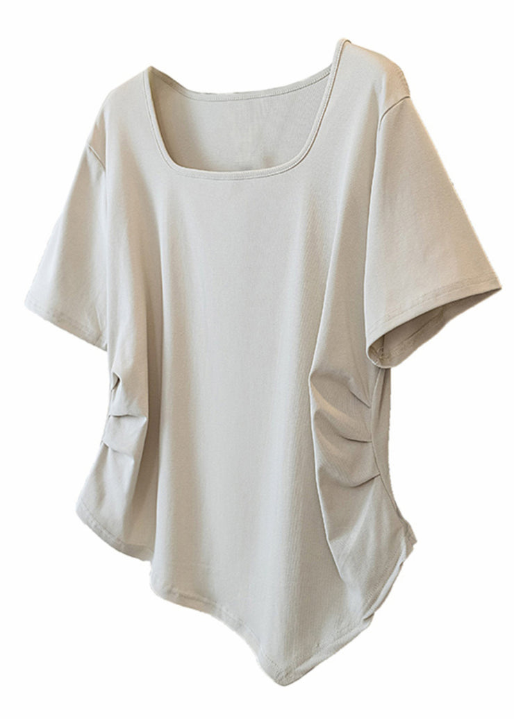 Simple Grey Square Collar Asymmetrical Patchwork Top Short Sleeve