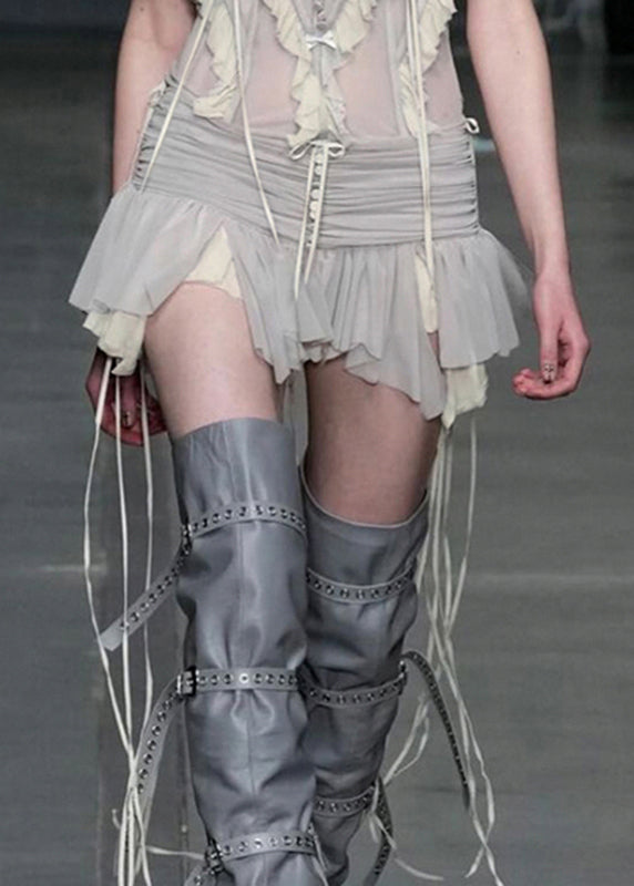 Simple Grey Tasseled Wrinkled Patchwork Tulle Skirt Summer