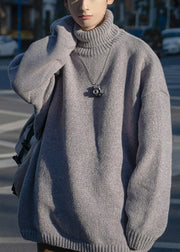 Simple Grey Turtleneck Cozy Knit Mens Sweaters Pullover Winter