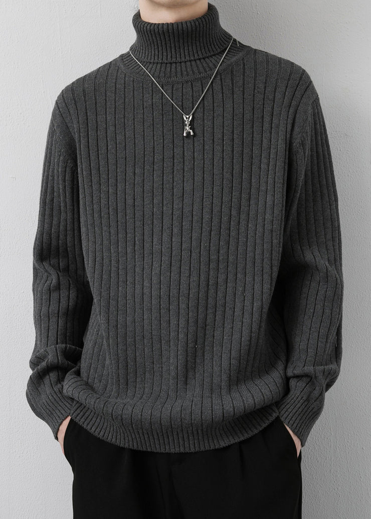 Simple Grey Turtleneck Solid Thick Knit Men Sweater Pullover Winter