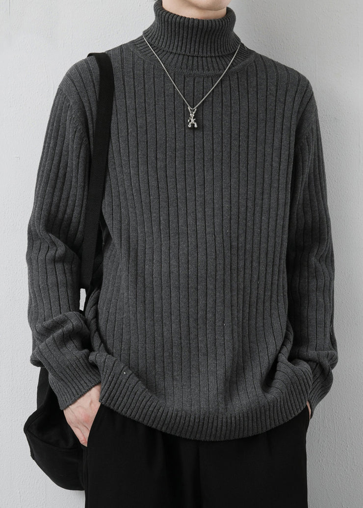 Simple Grey Turtleneck Solid Thick Knit Men Sweater Pullover Winter