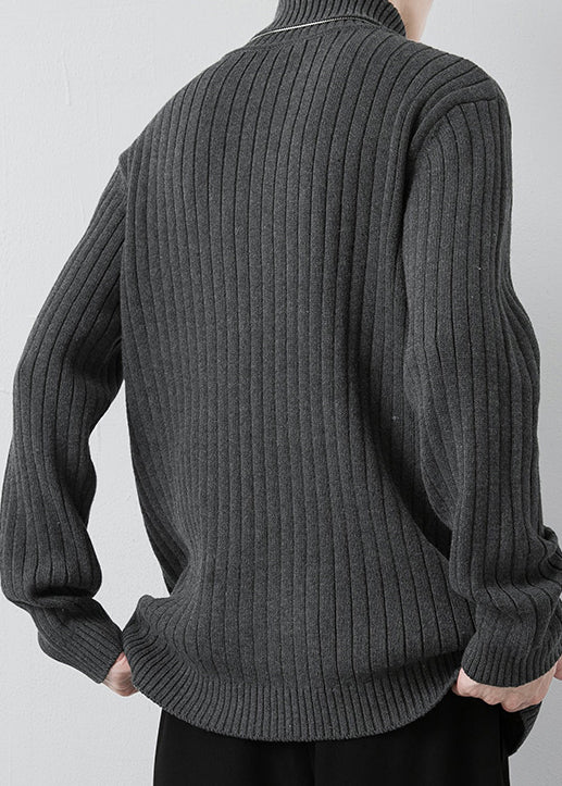 Simple Grey Turtleneck Solid Thick Knit Men Sweater Pullover Winter