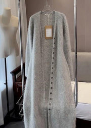 Simple Grey V Neck Button Cotton Knit Cardigans Long Sleeve