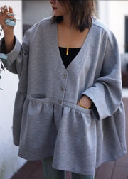 Simple Grey V Neck Button Pockets Cotton Coats Spring