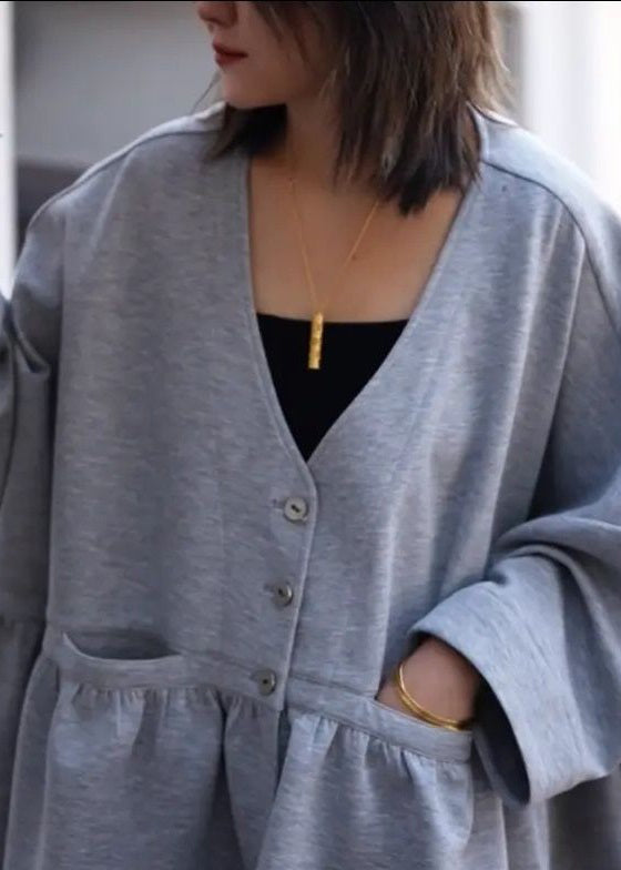 Simple Grey V Neck Button Pockets Cotton Coats Spring