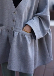 Simple Grey V Neck Button Pockets Cotton Coats Spring