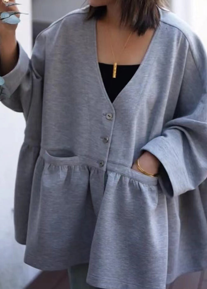 Simple Grey V Neck Button Pockets Cotton Coats Spring