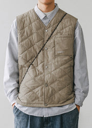 Simple Khaki Button Pockets Cotton Filled Mens Waistcoat Winter