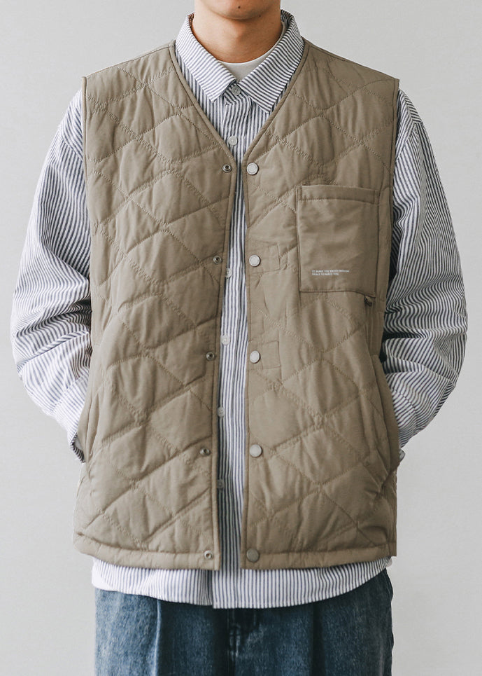 Simple Khaki Button Pockets Cotton Filled Mens Waistcoat Winter