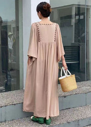 Simple Khaki Embroideried Oversized Cotton Vacation Dresses Batwing Sleeve