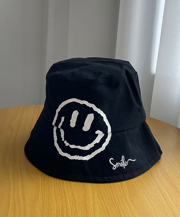 Simple Khaki Graphic Embroidery Patchwork Smiling Face Bucket Hat