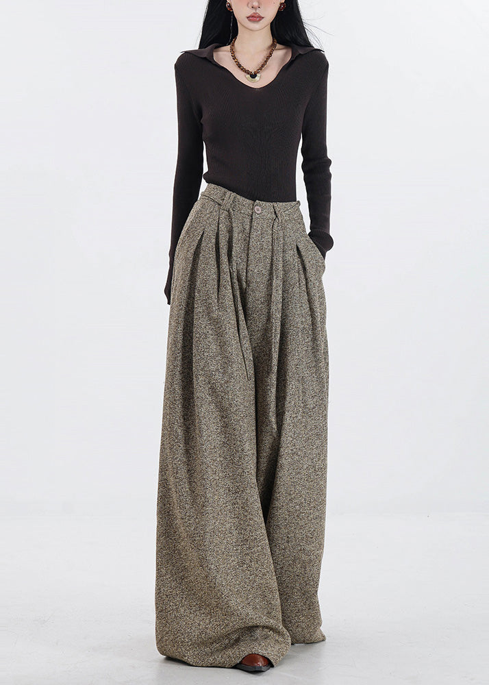 Simple Khaki High Waist Woolen Wide Leg Pants Spring