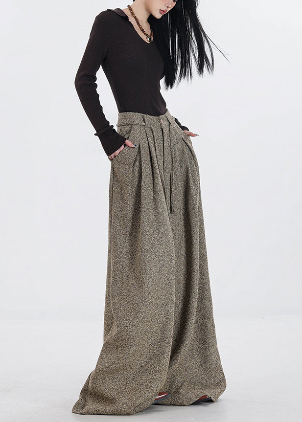 Simple Khaki High Waist Woolen Wide Leg Pants Spring