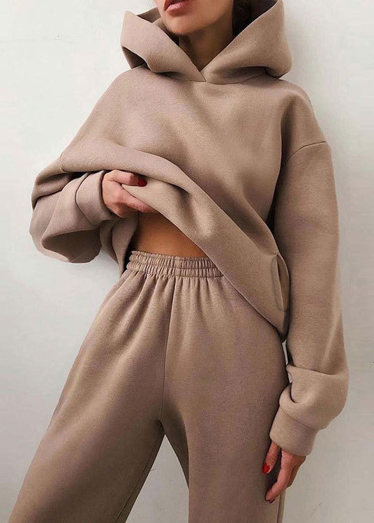 Simple Khaki Hooded Elastic Waist Cotton Two Piece Set Spring