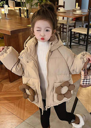 Simple Khaki Hooded Pockets Cotton Filled Girls Coats Long Sleeve